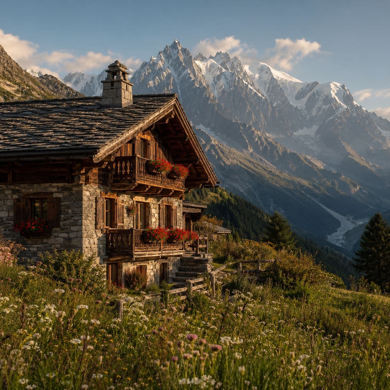 Chalet alpin face au massif du Mont-Blanc à Chamonix